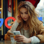 European Woman Searching Phone Google Logo