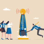 Illustration of a man being launched from a large, trophy-like cannon under the watch of three observing women, conveying a metaphorical "Ad Strength" workplace scenario.