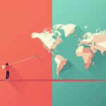 An illustraiton of a map of the world with a person aiming a dart at it