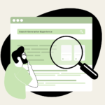 A stylized illustration showing a person with a beard, using a large magnifying glass to closely examine a computer screen displaying Google SEO search engine interface.