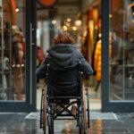 Woman Wheelchair Entering Store