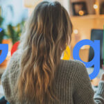 Woman Texting At Office Desk Google Logo